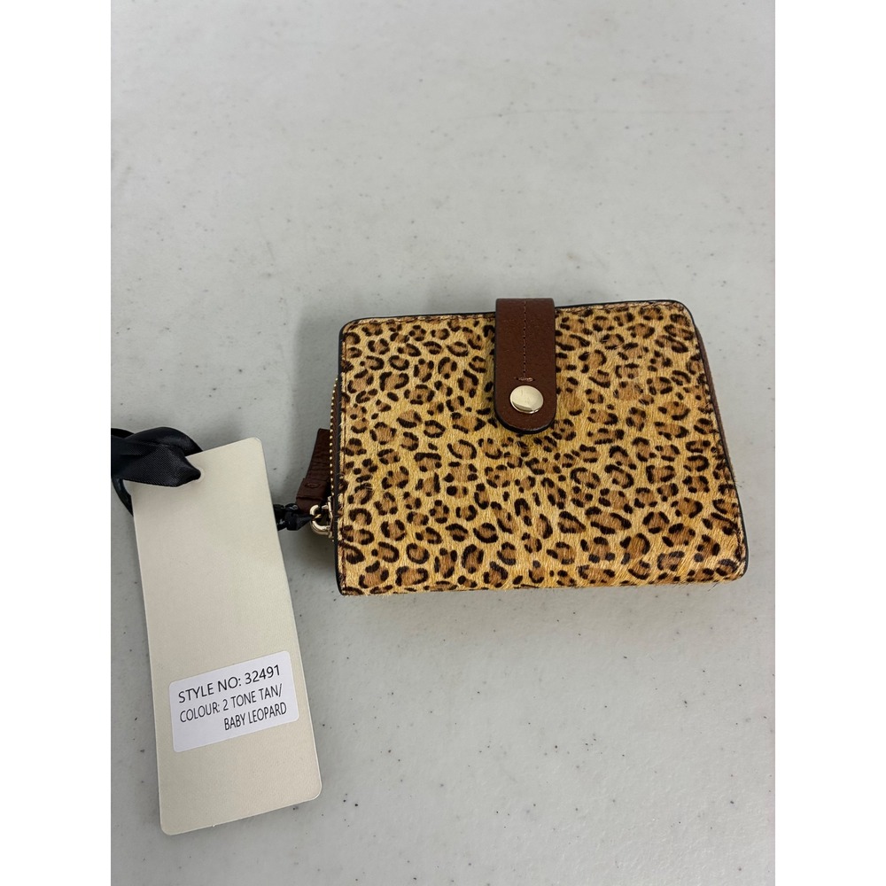 Brampton London Baby Leopard Print Leather RFID Bifold Wallet Tan 32491 NEW
